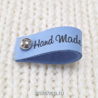 Бирка Handmade голубая, с кнопкой, натур.кожа, 35х12мм