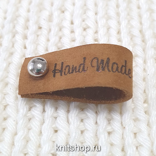 Бирка Handmade коричневая, с кнопкой, натур.кожа, 35х12мм