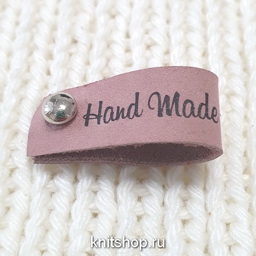 Бирка Handmade пыльная роза, с кнопкой, натур.кожа, 35х12мм